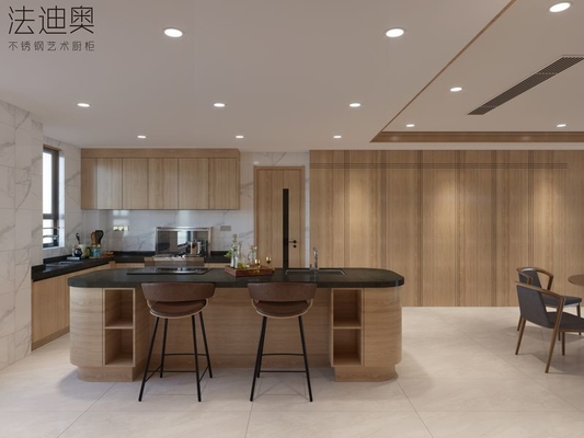 Modern Stainless Steel Kitchen Cabinet With Wood Grain Finish And Curved Island