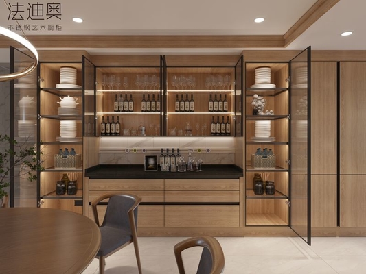 Modern Stainless Steel Kitchen Cabinet With Wood Grain Finish And Curved Island