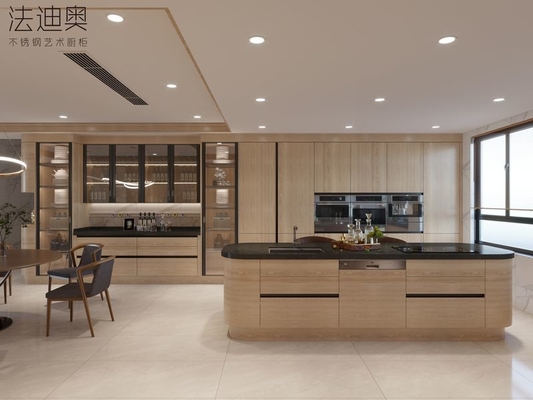 Modern Stainless Steel Kitchen Cabinet With Wood Grain Finish And Curved Island