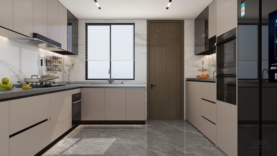 L-Shaped Beige Modern Stainless Steel Kitchen Cabinets With Glass Doors Design