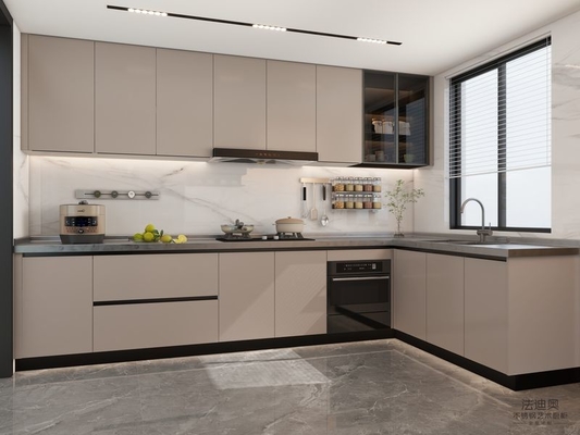 L-Shaped Beige Modern Stainless Steel Kitchen Cabinets With Glass Doors Design
