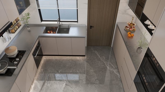 L-Shaped Beige Modern Stainless Steel Kitchen Cabinets With Glass Doors Design
