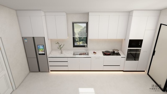 White Stainless Steel Kitchen Cabinets Modern One-Wall Design With Built-In Appliances