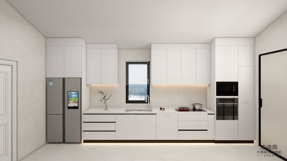 White Stainless Steel Kitchen Cabinets Modern One-Wall Design With Built-In Appliances