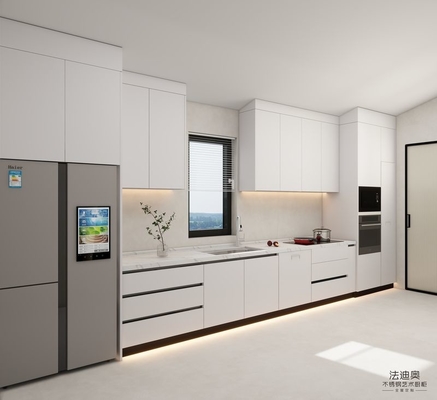White Stainless Steel Kitchen Cabinets Modern One-Wall Design With Built-In Appliances