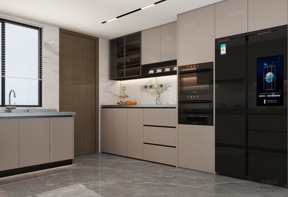 L-Shaped Beige Modern Stainless Steel Kitchen Cabinets With Glass Doors Design