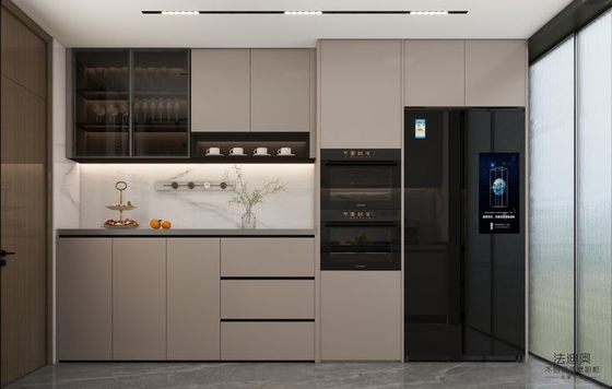 L-Shaped Beige Modern Stainless Steel Kitchen Cabinets With Glass Doors Design