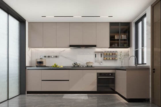 L-Shaped Beige Modern Stainless Steel Kitchen Cabinets With Glass Doors Design