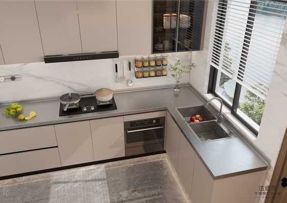 L-Shaped Beige Modern Stainless Steel Kitchen Cabinets With Glass Doors Design
