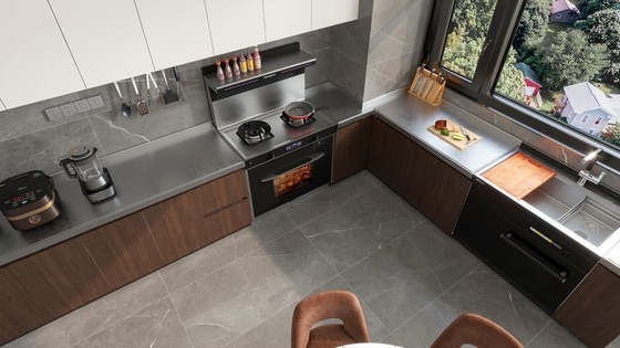 Elegant Wood Grain Finish L-Shaped Stainless Steel Kitchen Cabinet