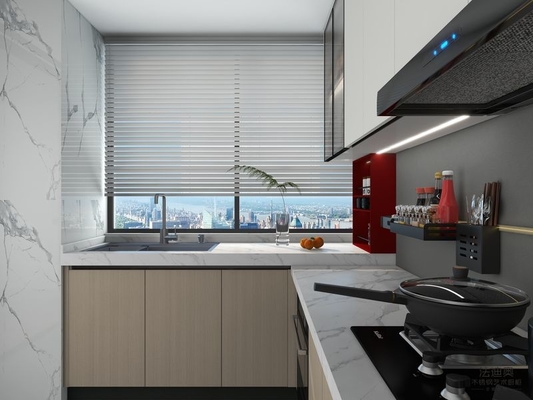 Modern U-Shaped Wood Grain Stainless Steel Kitchen Cabinet With Vibrant Red Open Shelf