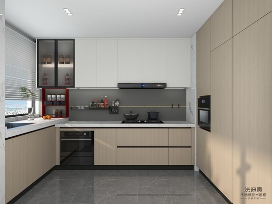 Modern U-Shaped Wood Grain Stainless Steel Kitchen Cabinet With Vibrant Red Open Shelf