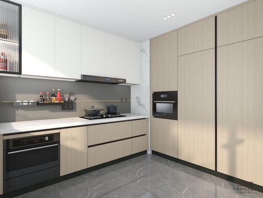 Modern U-Shaped Wood Grain Stainless Steel Kitchen Cabinet With Vibrant Red Open Shelf