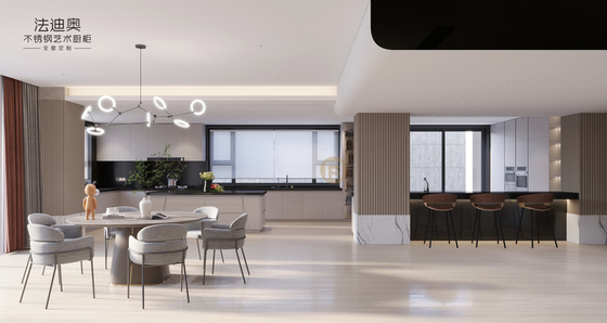 Elegant Grey Stainless Steel Kitchen Cabinet With Curved Island And Multiple Storage Solution