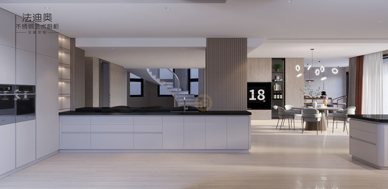 Elegant Grey Stainless Steel Kitchen Cabinet With Curved Island And Multiple Storage Solution
