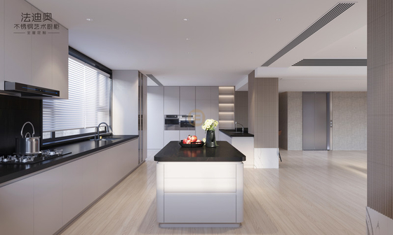 Elegant Grey Stainless Steel Kitchen Cabinet With Curved Island And Multiple Storage Solution