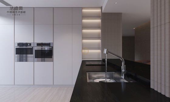 Elegant Grey Stainless Steel Kitchen Cabinet With Curved Island And Multiple Storage Solution