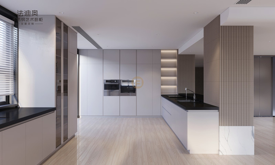 Elegant Grey Stainless Steel Kitchen Cabinet With Curved Island And Multiple Storage Solution