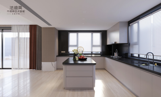 Elegant Grey Stainless Steel Kitchen Cabinet With Curved Island And Multiple Storage Solution