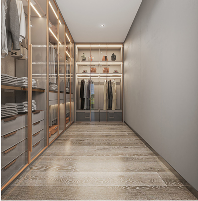 L-shape Stainless Steel Walk-In Wardrobe with Glass Doors And Multiple Storage Solutions