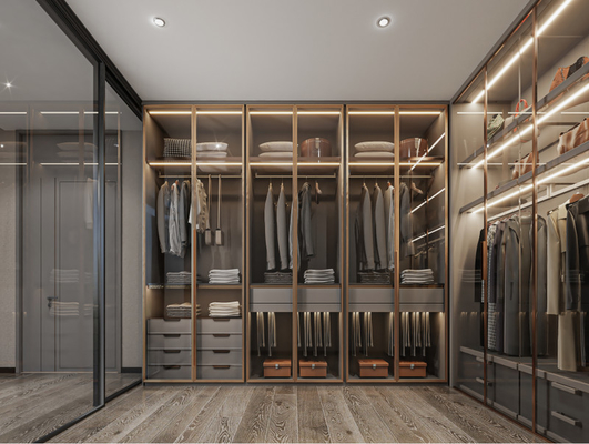 L-shape Stainless Steel Walk-In Wardrobe with Glass Doors And Multiple Storage Solutions