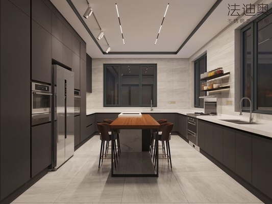 Charcoal Black Elegance Stainless Steel Kitchen Cabinets With Functional U-Shaped Layout