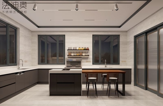 Charcoal Black Elegance Stainless Steel Kitchen Cabinets With Functional U-Shaped Layout