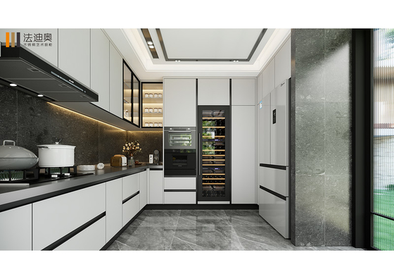 Elegant And Modern U-Shaped Stainless Stee Kitchen Cabinet with Integrated Wine Cooler