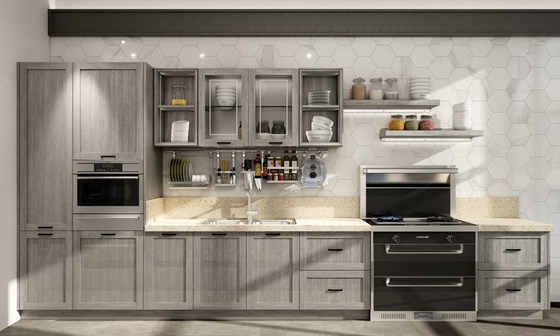 Single-Line Light Gray Stainless Steel Kitchen Cabinet with Wood Texture Panels