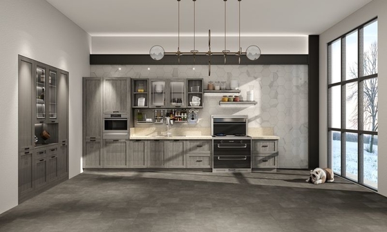 Single-Line Light Gray Stainless Steel Kitchen Cabinet with Wood Texture Panels