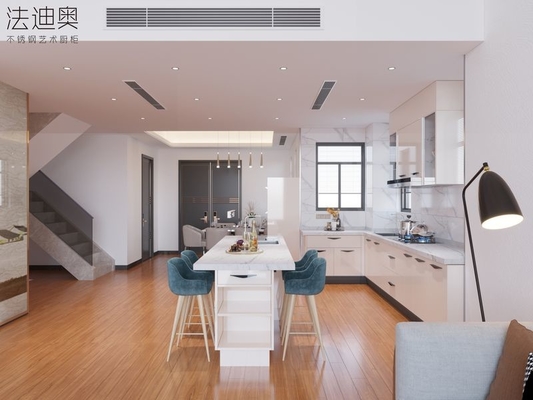 L-Shaped Stainless Steel Kitchen Cabinet With Functional Island