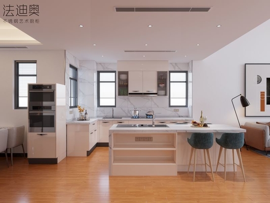 L-Shaped Stainless Steel Kitchen Cabinet With Functional Island