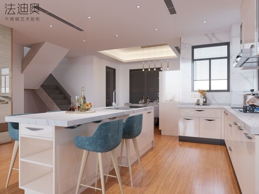 L-Shaped Stainless Steel Kitchen Cabinet With Functional Island
