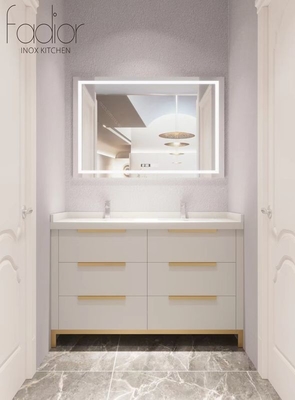 Gold-Handle Stainless Steel Bathroom Vanity With Smart Mirror And Sleek Storage