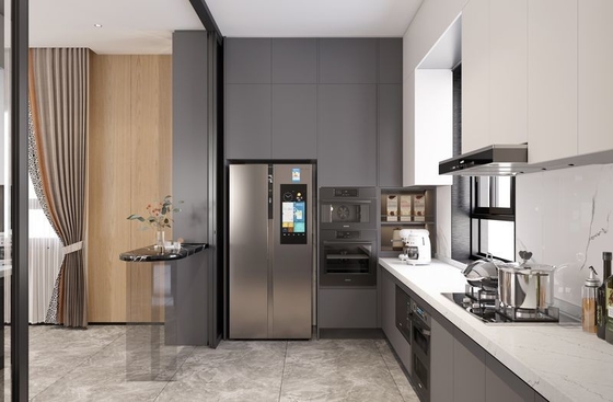 Gray And Off-White Stainless Steel Kitchen Cabinet With Double Wine Cabinet