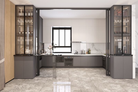 Gray And Off-White Stainless Steel Kitchen Cabinet With Double Wine Cabinet