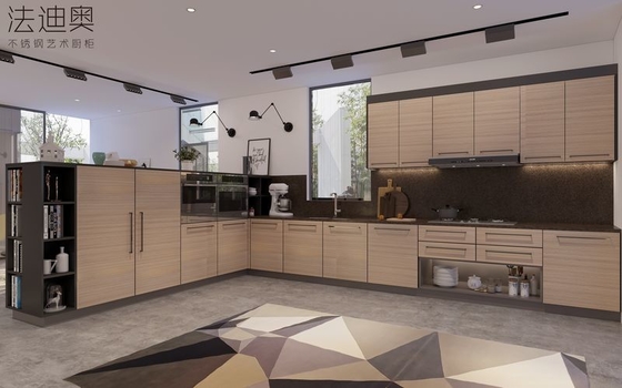 Wood Grain Stainless Steel L-Shaped Kitchen Cabinet With Black Handles
