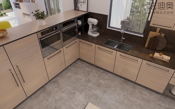 Wood Grain Stainless Steel L-Shaped Kitchen Cabinet With Black Handles