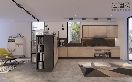 Wood Grain Stainless Steel L-Shaped Kitchen Cabinet With Black Handles