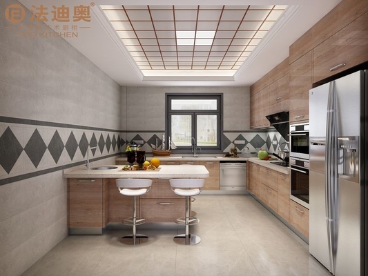 Modern Stainless Steel Kitchen Cabinet With Wood Grain Finish And U-Shaped Design