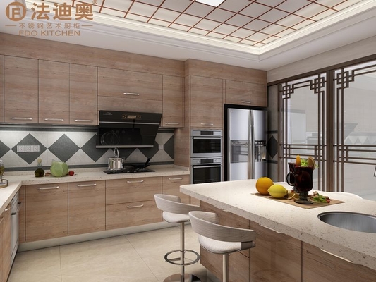 Modern Stainless Steel Kitchen Cabinet With Wood Grain Finish And U-Shaped Design