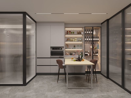 Elegant Grey Stainless Steel Kitchen Cabinet With Wine Storage And Extendable Table
