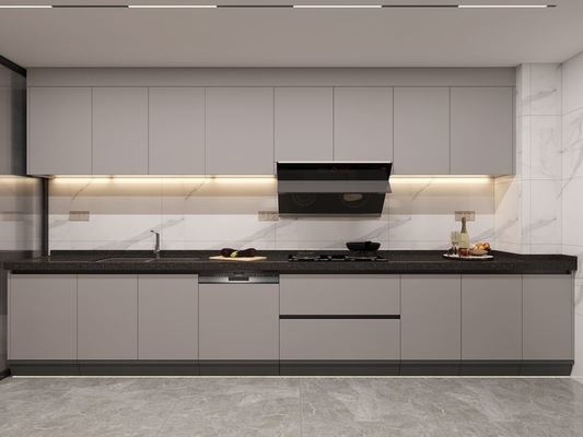 Elegant Grey Stainless Steel Kitchen Cabinet With Wine Storage And Extendable Table
