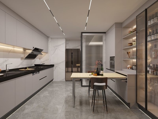 Elegant Grey Stainless Steel Kitchen Cabinet With Wine Storage And Extendable Table
