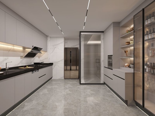 Elegant Grey Stainless Steel Kitchen Cabinet With Wine Storage And Extendable Table