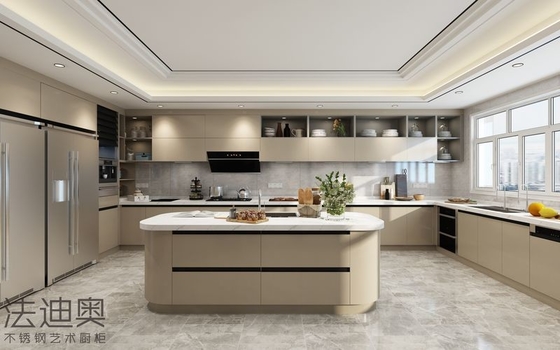 Modern U-Shaped Stainless Steel Kitchen Cabinet With Arched Island And Seamless Appliance Integration