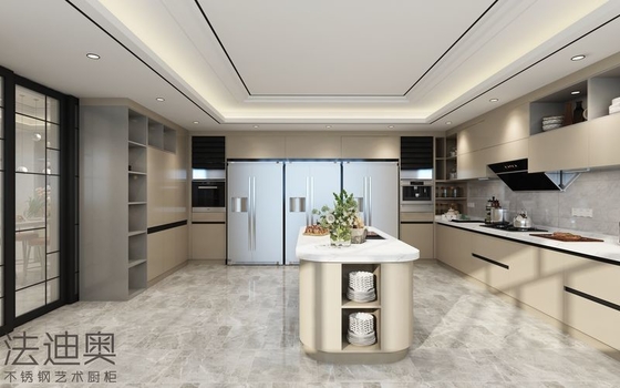 Modern U-Shaped Stainless Steel Kitchen Cabinet With Arched Island And Seamless Appliance Integration
