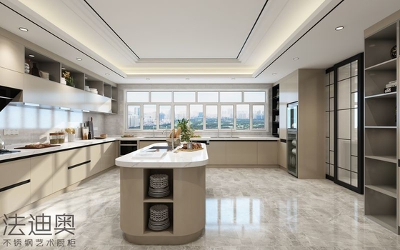 Modern U-Shaped Stainless Steel Kitchen Cabinet With Arched Island And Seamless Appliance Integration