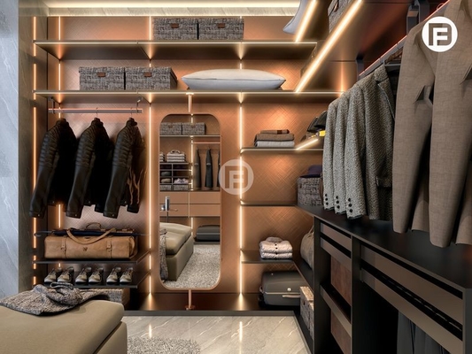 Rose Gold Stainless Steel U-Shaped Walk-In Closet With Ambient Lighting