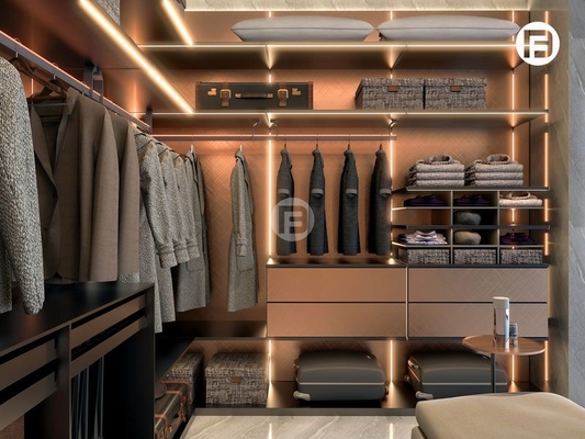 Rose Gold Stainless Steel U-Shaped Walk-In Closet With Ambient Lighting
